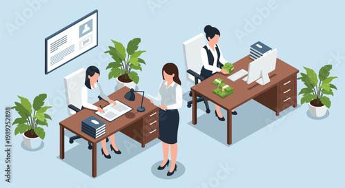 Professional women work at wooden desks in a bright isometric office filled with green plants and stacks of paper cash.