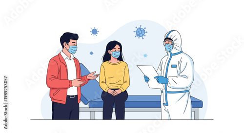 Couple wearing masks listens to a doctor in a protective hazmat suit in a modern medical clinic or laboratory setting.