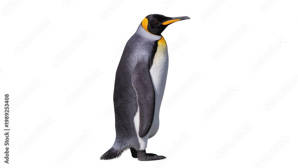 Obraz premium Elegant King Penguin standing in profile, with black, orange, and white feathers, an isolated Antarctic bird PNG, perfect for educational and animal themes