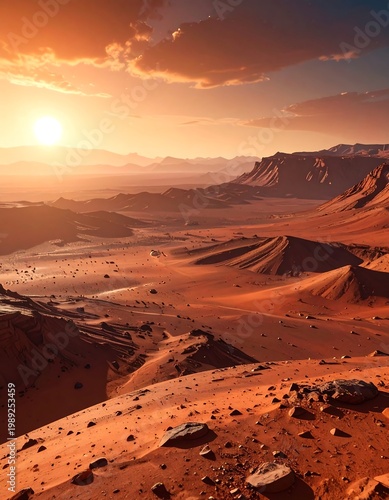 Distant sun bathes arid hills and valleys in warm light