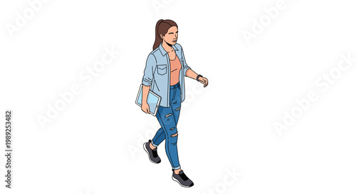 Young woman in casual denim outfit walks and carries a digital tablet against a clean and plain white background.
