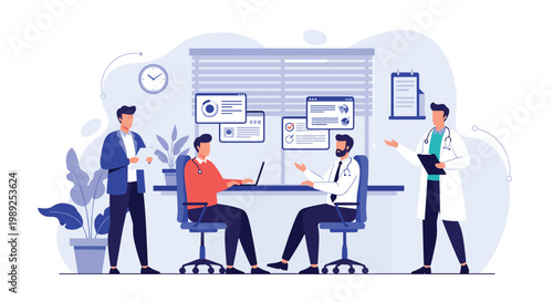 Healthcare professionals and administrators discuss medical data charts in a clean and modern hospital office setting.
