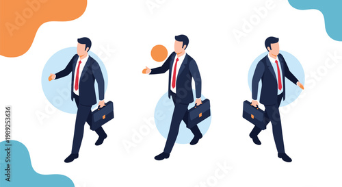 Three identical isometric businessmen with briefcases walk in a row against a decorative and abstract blue background.