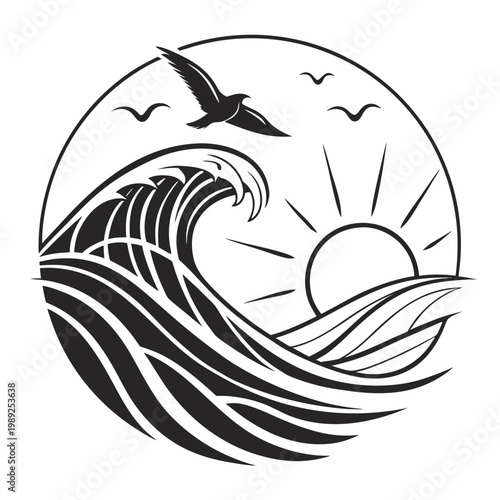 black and white silhouette of a wave with seagulls flying overhead at sunrise