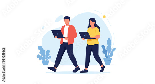 Man and woman walk side-by-side while both are intently focused on working on their portable laptop computers.