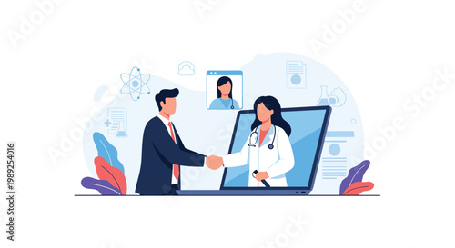 Remote medical consultation between a businessman and a female doctor appearing on a large laptop screen for a telehealth session.