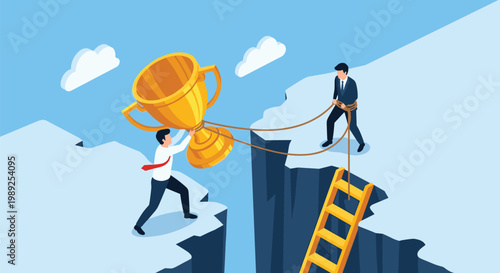 Two businessmen working together to carry a large golden trophy across a dangerous mountain chasm using a ladder and ropes.
