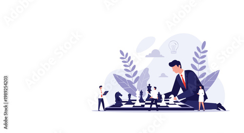 Strategic businessman playing a giant game of chess against small figures on a board with plant and lightbulb idea icons.