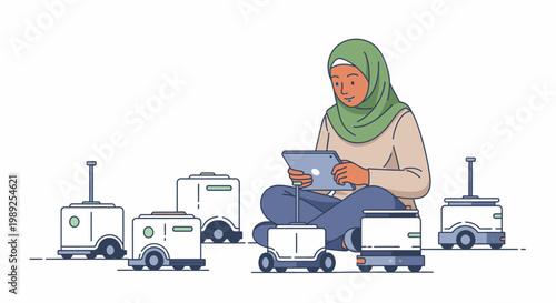 Young Muslim woman in hijab using tablet to control autonomous robots in a modern setting