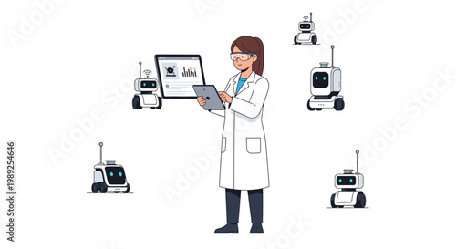 Scientist in lab coat controlling small robots with a tablet, surrounded by AI technology and automation