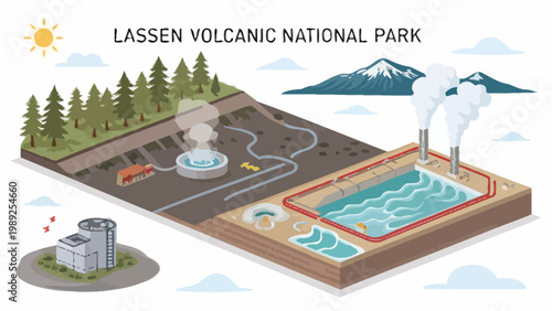 An isometric illustration of Lassen Volcanic National Park featuring a geothermal area with a hot spring and steam vents
