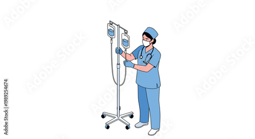 Medical nurse wearing blue scrubs and a face mask adjusting an intravenous drip stand for patient treatment in a hospital.