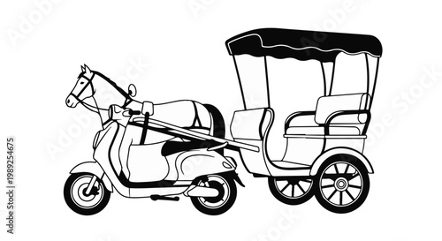 Whimsical horse-drawn carriage creatively attached to a modern scooter, blending tradition and innovation.