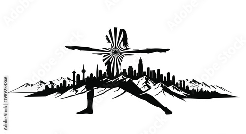 Person in warrior pose with cityscape and mountains integrated into silhouette, symbolizing balance and urban connection.