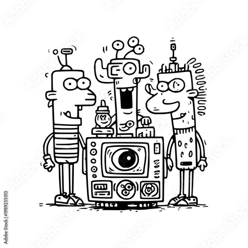 Robots Standing Around Old Television Set