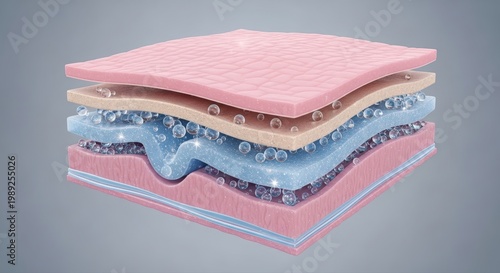 Detailed diagram illustrating multiple protective layers of skin or fabric with hydrating bubbles and sparkling essence for cosmetic care