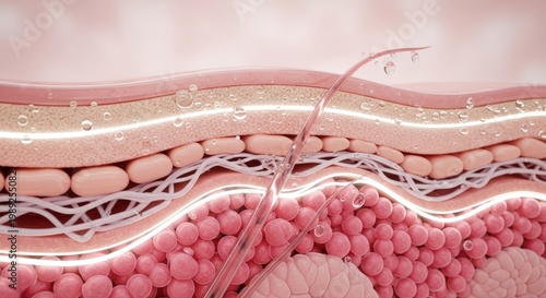 Diagrammatic cross-section of healthy human skin showcasing hydration and rejuvenating skincare benefits for improved texture