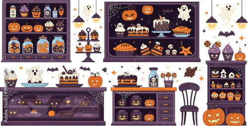 Halloween Bakery Interior with Display Cases Cakes Cupcakes Pumpkins and Spooky Decorations Cute Cartoon Shop Scene for Autumn Holiday Designs and Food Illustrations