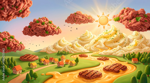 Surreal fantasy food landscape with meat clouds grilled patties and mashed potato mountains under bright sun for creative culinary content, food blog illustrations and playful kitchen wall art