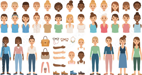 Diverse Female Character Creator Kit with Customizable Avatars Fashion Outfits Accessories and Professional Hairstyles for App UI and Game Design Transparent Background PNG