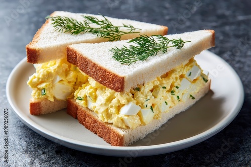 Two triangular egg salad sandwiches on white bread topped with fresh dill on a plate, close-up studio shot of a classic breakfast meal.