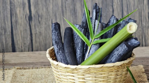 Bamboo charcoal and bamboo leaves in a basket