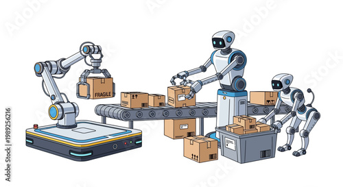 Robots working on automated assembly line with boxes and conveyor belt