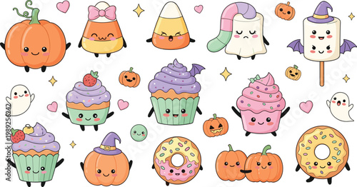 Cute Kawaii Halloween Characters with Pumpkins Cupcakes Candy Corn Donuts and Ghosts Adorable Cartoon Set for Stickers Kids Designs Party Decorations and Seasonal Graphics