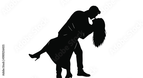Passionate couple embracing in a romantic dance silhouette against a white background.