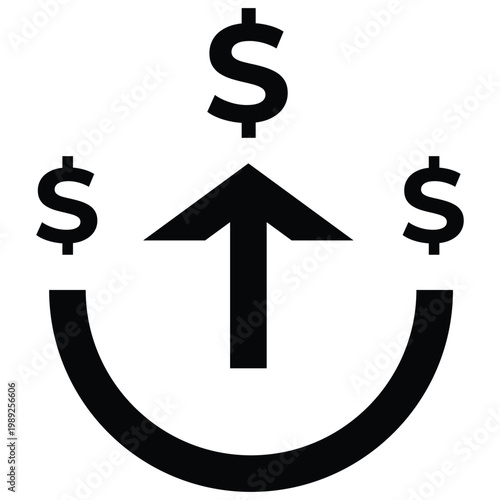 Dollar sign and upward arrow icon for investing, profit, and economic growth concept on white background