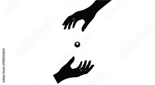 Two hands reaching for a small, dark sphere against a white background, symbolizing connection and shared purpose.