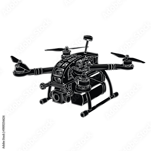Flying quadcopter drone surveillance camera tech silhouette set bundle.