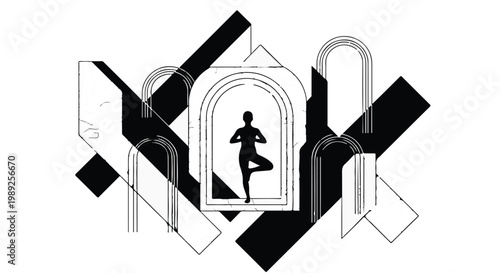 Silhouette of a person in tree pose within a stylized architectural frame, representing balance and mindfulness.
