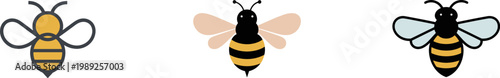 Set of three honey bee icons in different graphic styles ranging from minimalist outline to detailed flat design
