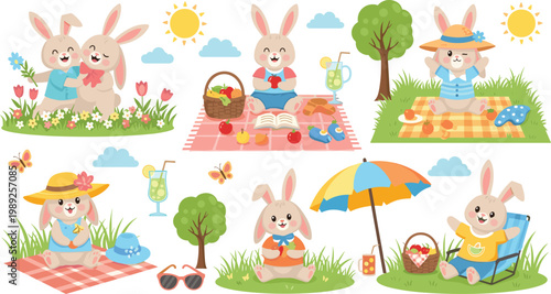 Cute Bunny Picnic Character Set with Rabbit Summer Outdoor Activities Including Eating Fruit Sunbathing and Garden Relaxing for Kids Designs Transparent Background PNG