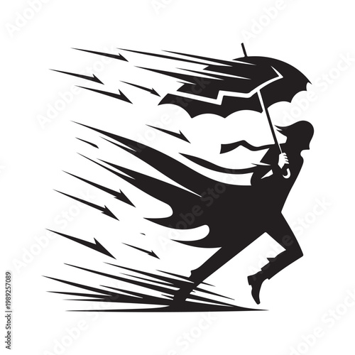 Tableau sur toile Storm Chaser with Windblown Coat and umbrella bending, lightning flash vector silhouette logo design illustration