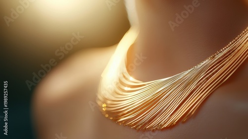Gold shine from a necklace under soft lighting, highlighting its elegance and luxurious feel.