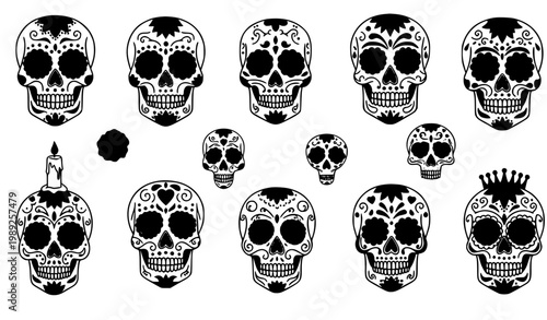 Dia de los Muertos sugar skull vector set with colorful Mexican decorative floral skulls isolated on white background