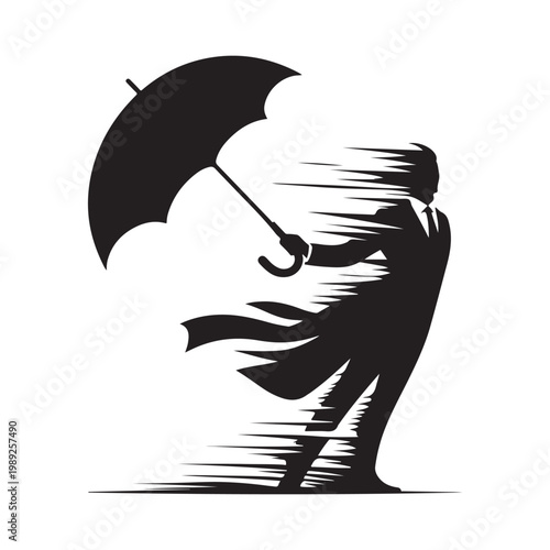 Storm Chaser with Windblown Coat and umbrella bending, lightning flash vector silhouette logo design illustration. abstract storm chaser icon set collection