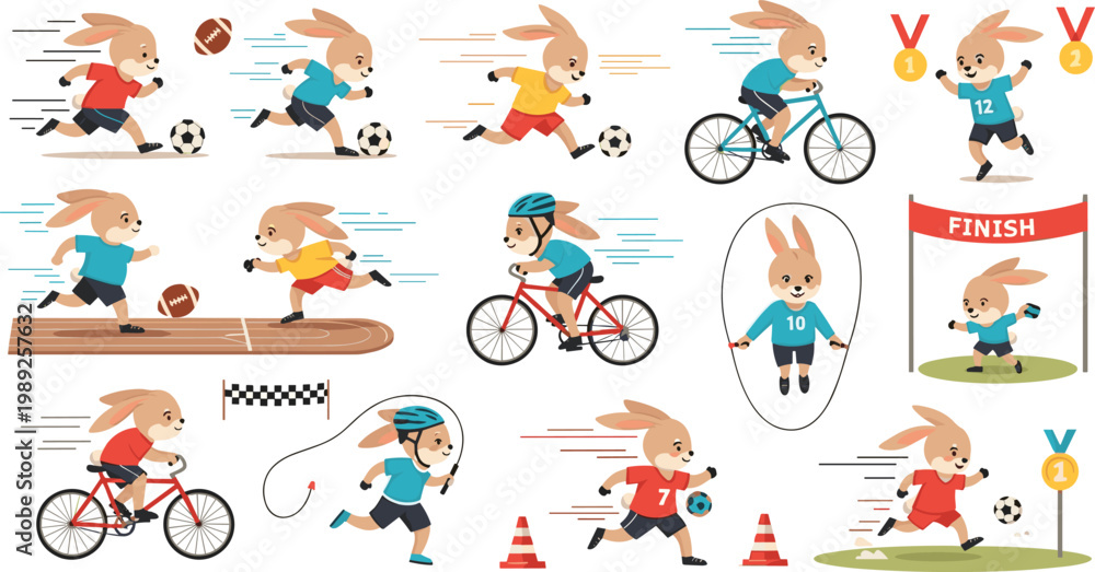 Fototapeta premium Cute Bunny Athlete Character Set Featuring Rabbit Sports Activities Like Running Cycling Soccer Jumping and Winning Medals for Kids Educational Designs Transparent Background PNG