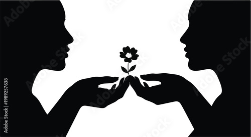 Two silhouettes offer a delicate flower, symbolizing connection and shared growth.