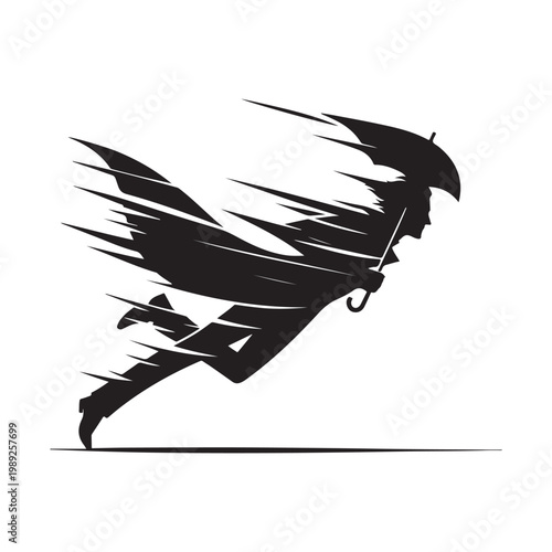 Fotografie Storm Chaser with Windblown Coat and umbrella bending, lightning flash vector silhouette logo design illustration