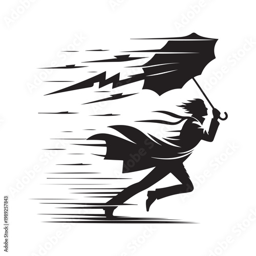 Bild auf Leinwand Storm Chaser with Windblown Coat and umbrella bending, lightning flash vector silhouette logo design illustration