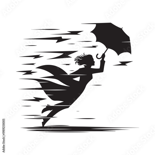 Quadro em tela Storm Chaser with Windblown Coat and umbrella bending, lightning flash vector silhouette logo design illustration