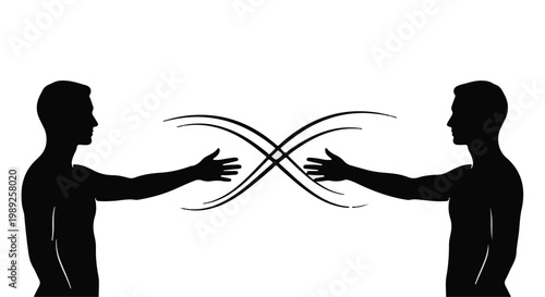 Two silhouetted figures reaching out with hands connecting in a gesture of unity and exchange.