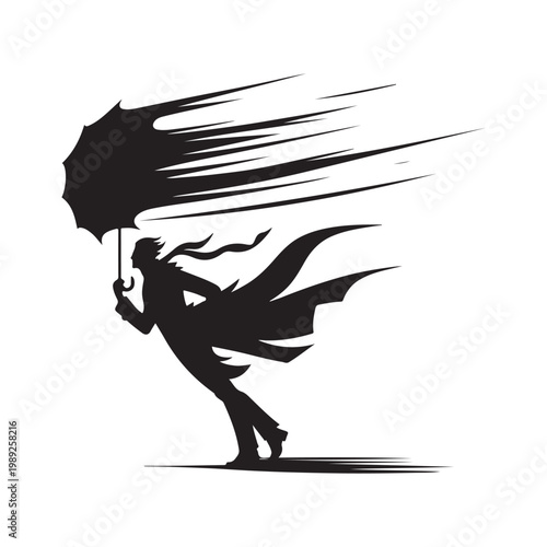 Storm Chaser with Windblown Coat and umbrella bending, lightning flash vector silhouette logo design illustration. abstract storm chaser icon set collection