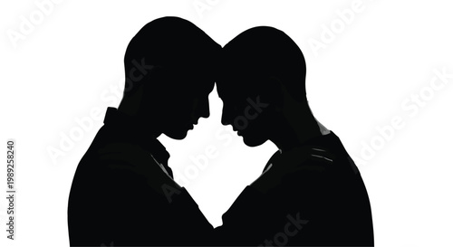 Two people share a moment of deep connection and intimacy, foreheads touching in silhouette.