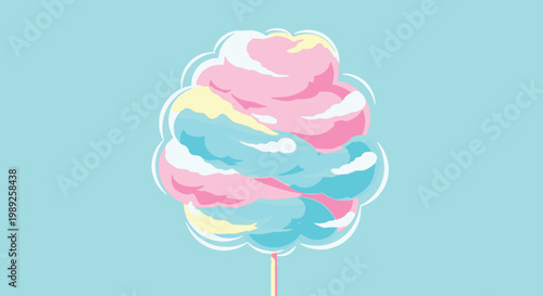 A whimsical and vibrant illustration of multi-colored pastel cotton candy on a stick. A sweet and nostalgic treat perfect for carnival or party-themed designs.