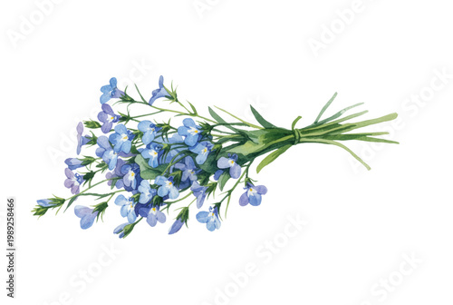 Delicate cluster of blue wildflowers in a hand-painted watercolor bouquet.