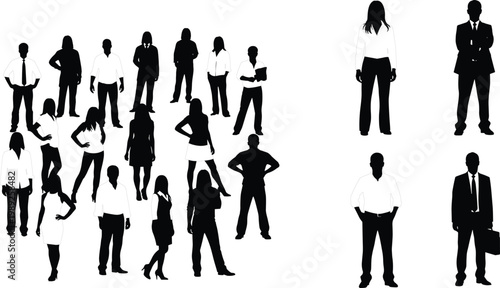 business people silhouettes set, diverse corporate team, standing professionals, office workers, teamwork concept, leadership, communication, workplace diversity, modern business